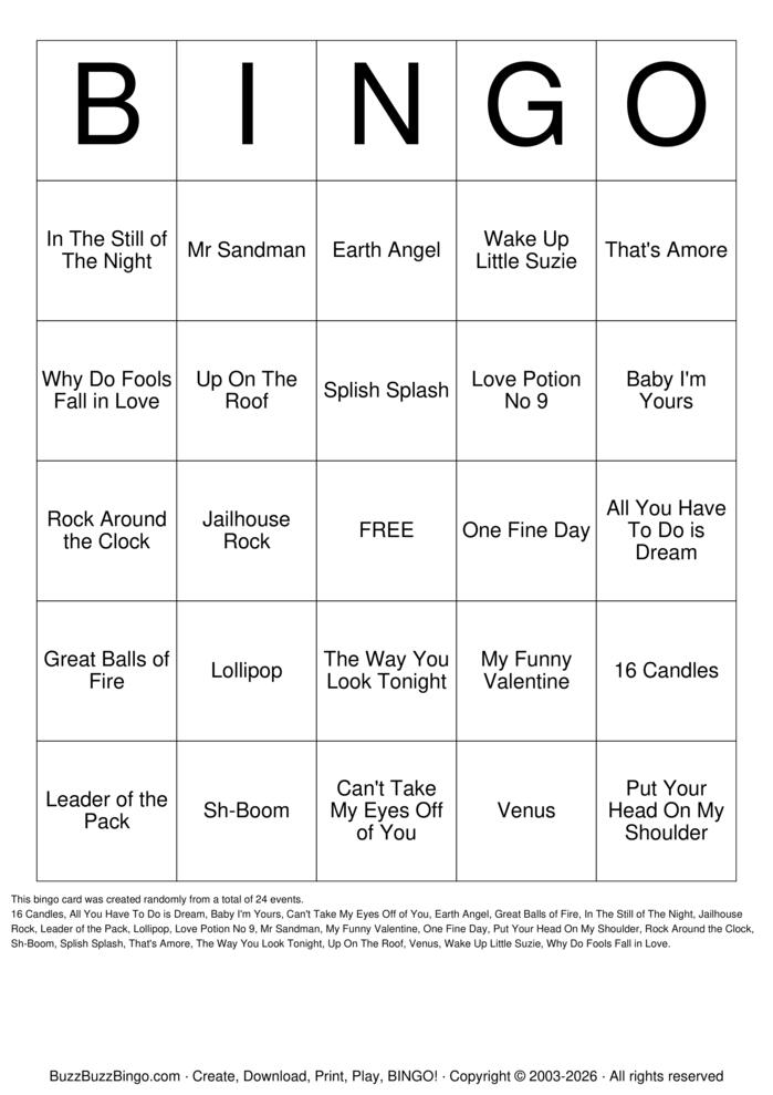 Download Free 50's Classics Bingo Cards Download Free 50's Classics Bingo Cards