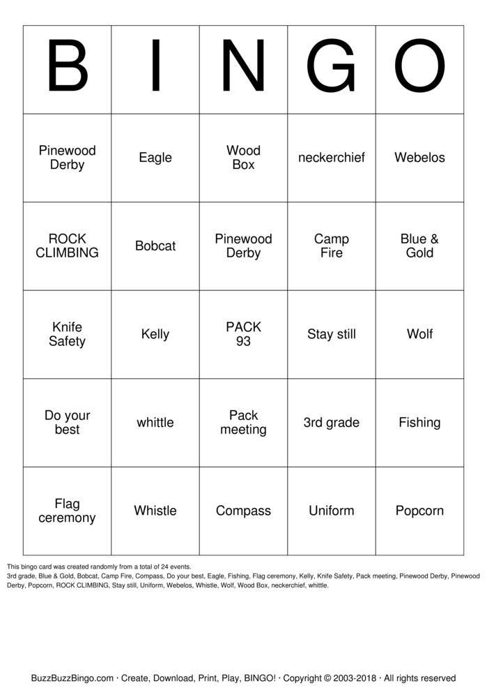 Download Free Cub Scouts Bingo Cards Download Free Cub Scouts Bingo Cards