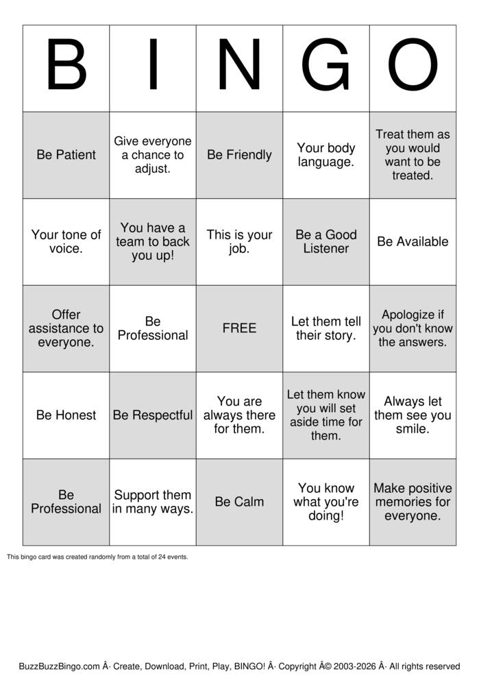 Download Free Customer Service  Bingo Cards