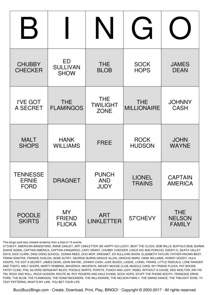 Download Free FABULOUS 50s Bingo Cards