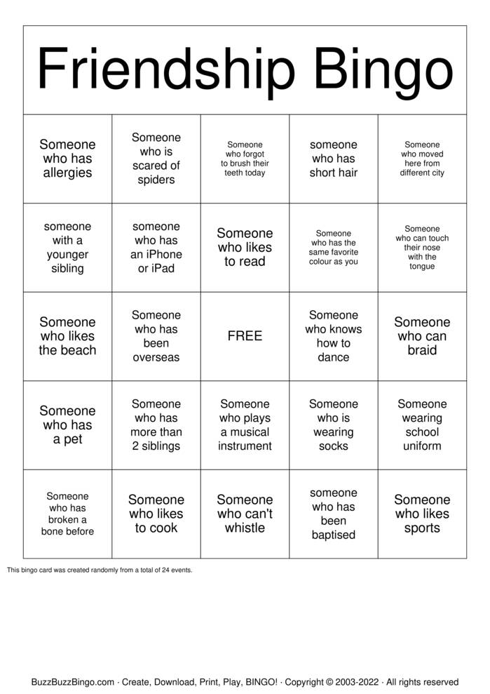 Friendship Bingo Bingo Cards to Download, Print and Customize!