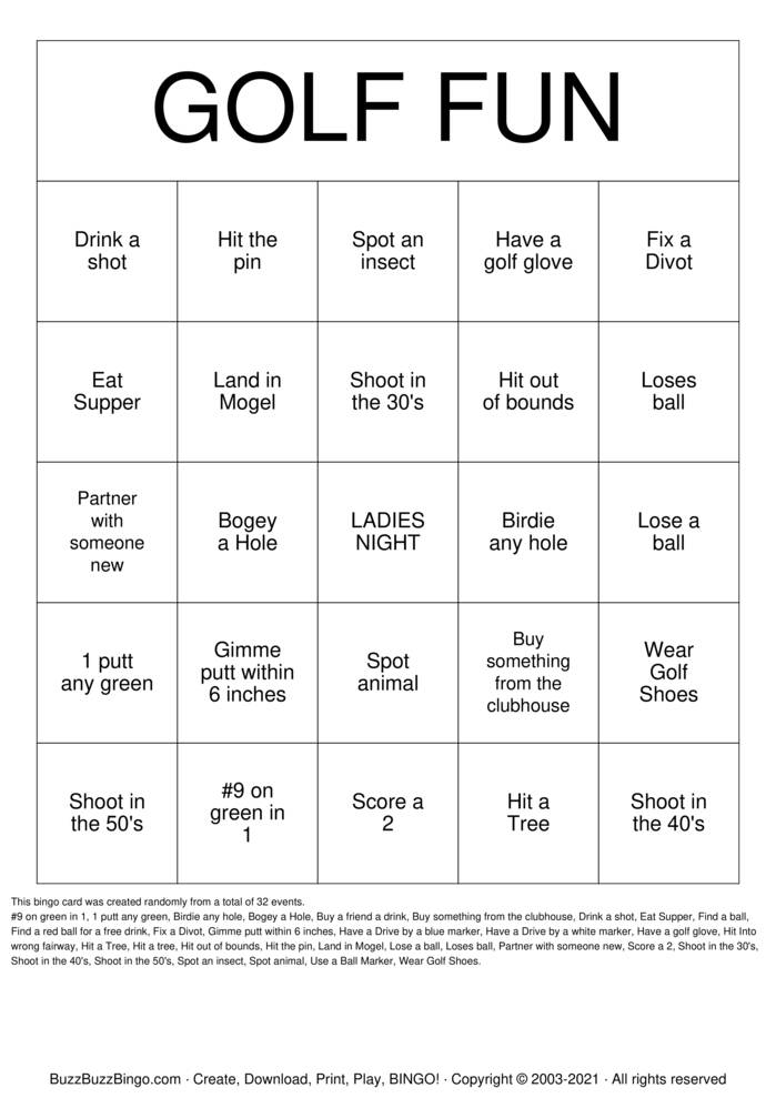Golf Bingo Cards to Download, Print and Customize!