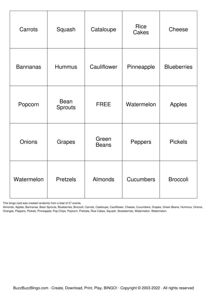 Download Free Healthy Snacks Bingo Cards Download Free Healthy Snacks Bingo Cards