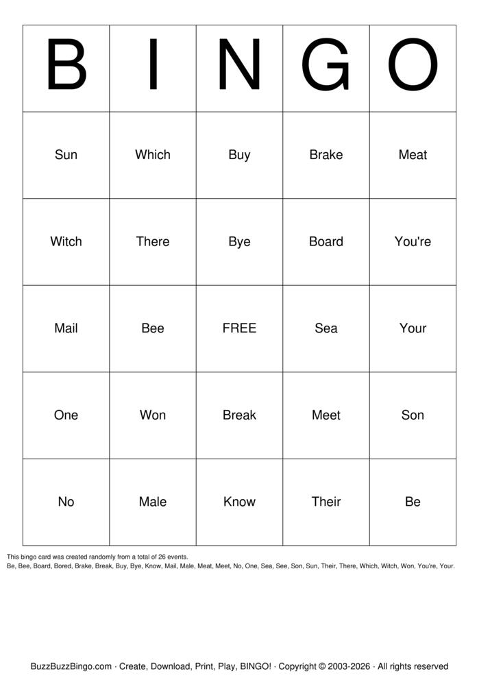 Download Free Homophone Bingo Cards Download Free Homophone Bingo Cards