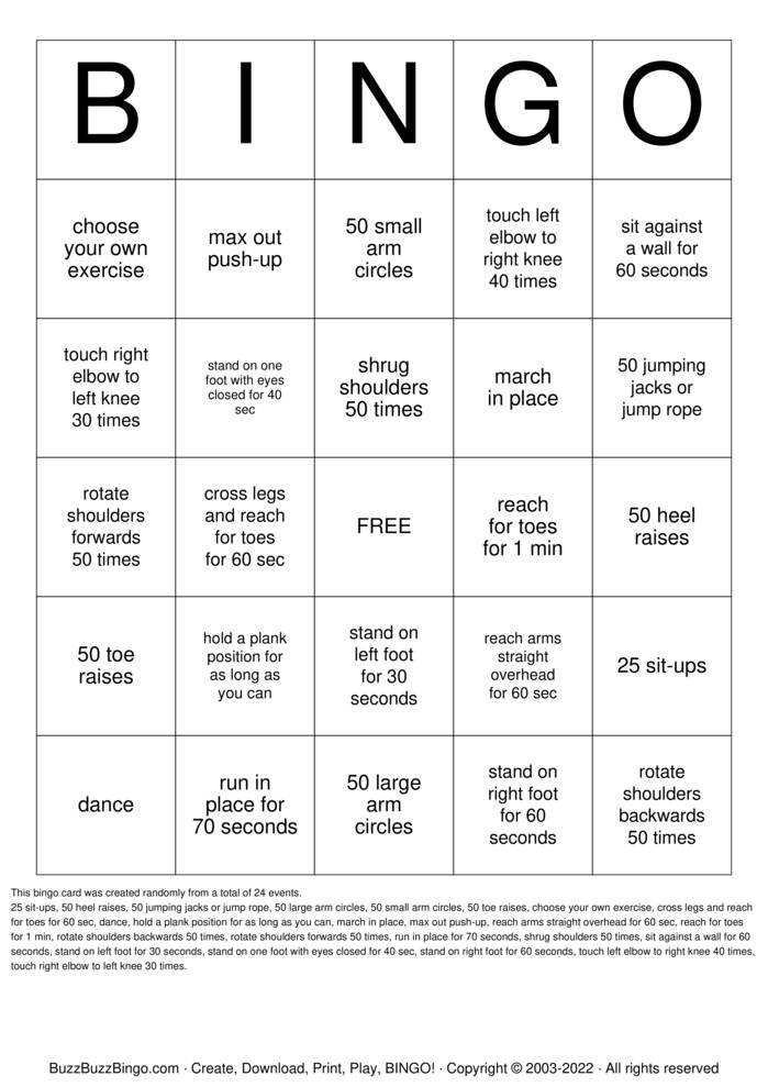 Download Free  Intense Fitness Bingo Bingo Cards