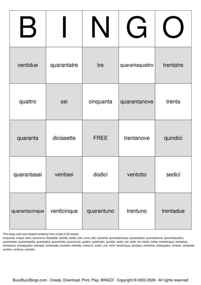 Download Free Italian Numbers Bingo Cards