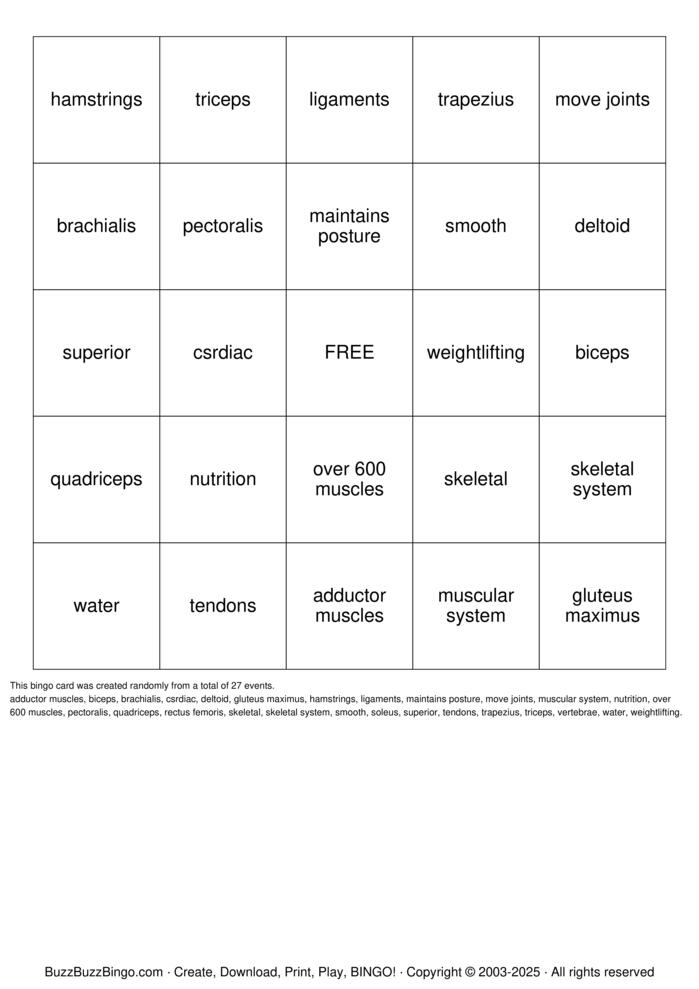 Muscle BINGO Bingo Cards to Download, Print and Customize!