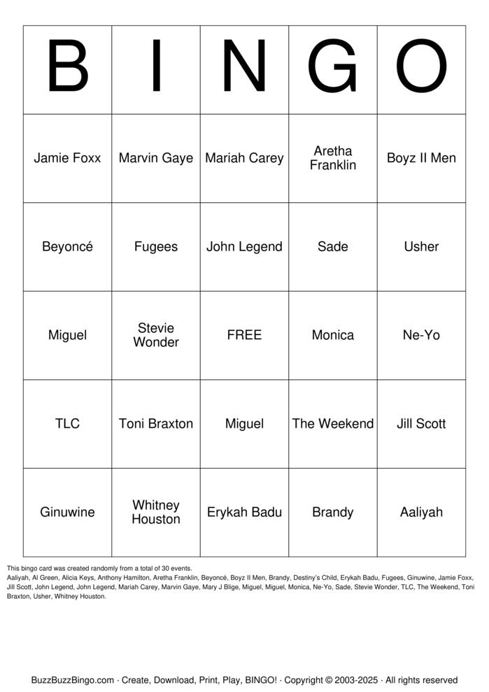 Download Free R&B Hits Bingo Cards