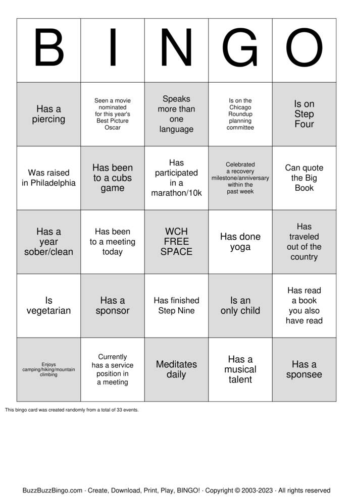 Download Free Recovery Bingo Cards