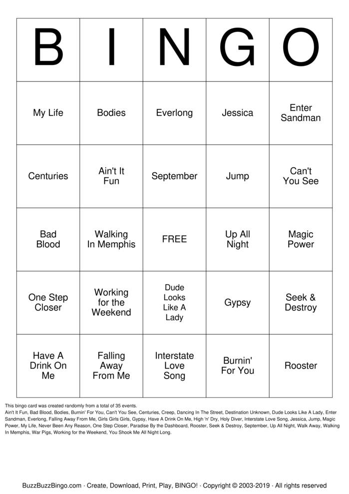 Download Free Rock 'N' Roll 1 Bingo Cards