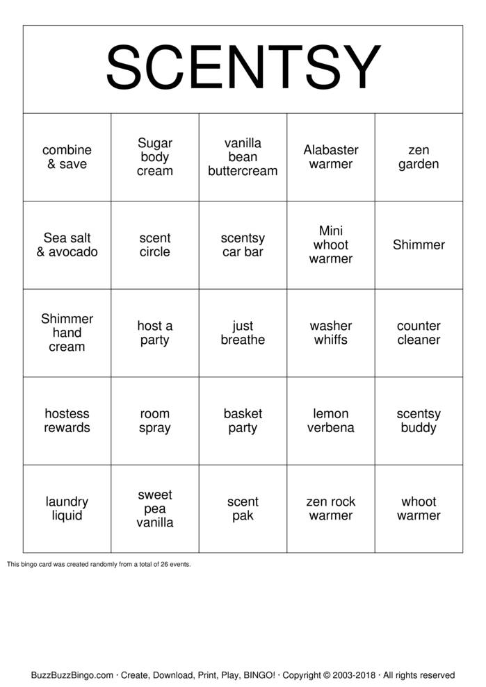 SCENTSY Bingo Cards to Download, Print and Customize!