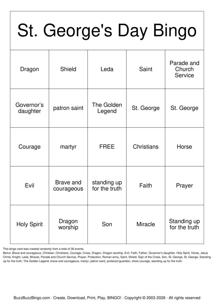 Download Free St George Bingo Cards