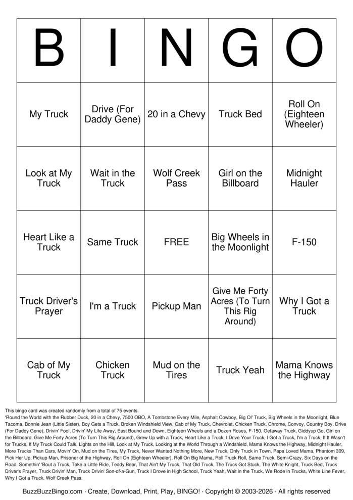 Download Free Truck Songs Titles Bingo Cards