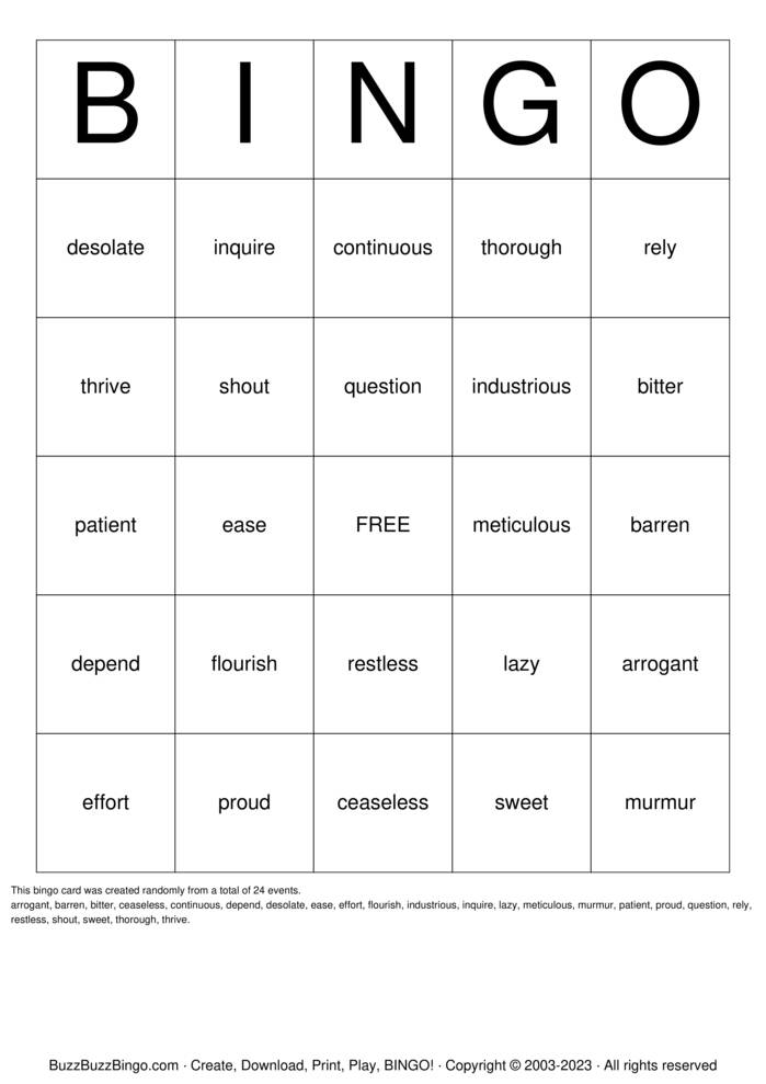 Download Free Vocabulary Bingo Cards