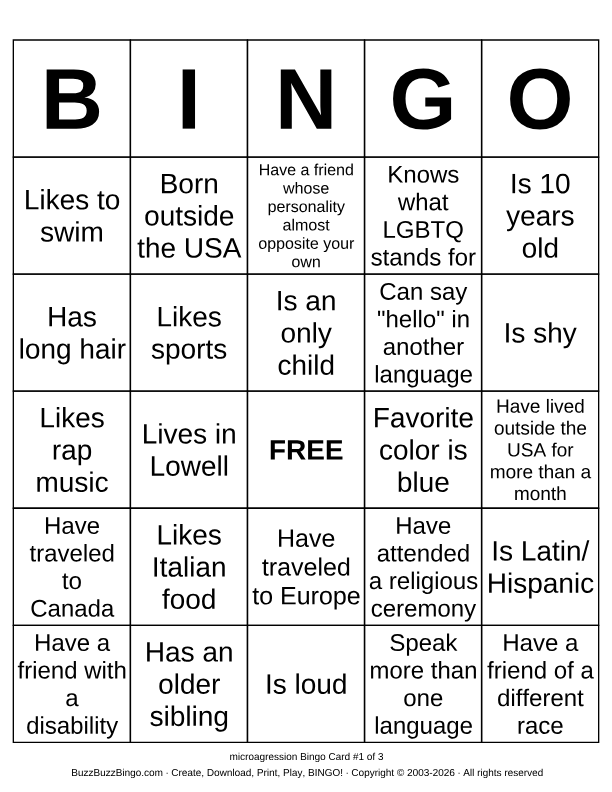 microagression Bingo Cards to Download, Print and Customize!
