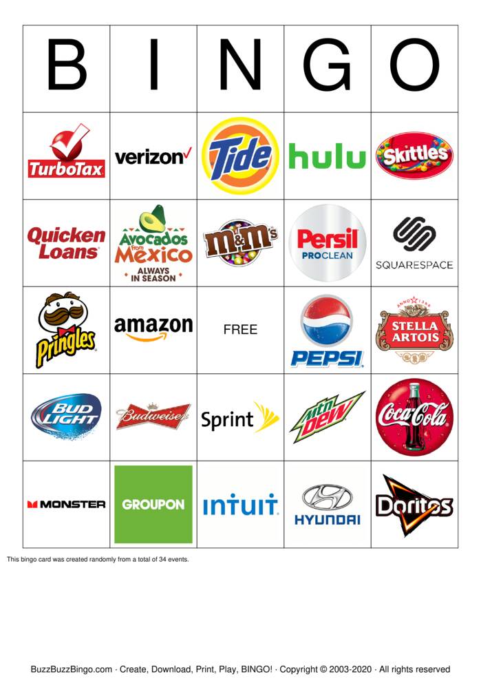 2018 Superbowl Commercial Logos Bingo Cards to Download, Print and ...