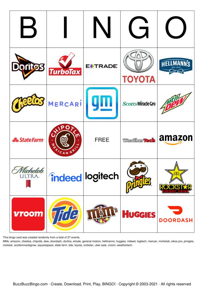 Download Free 2021 Superbowl Commercial Logos Bingo Cards