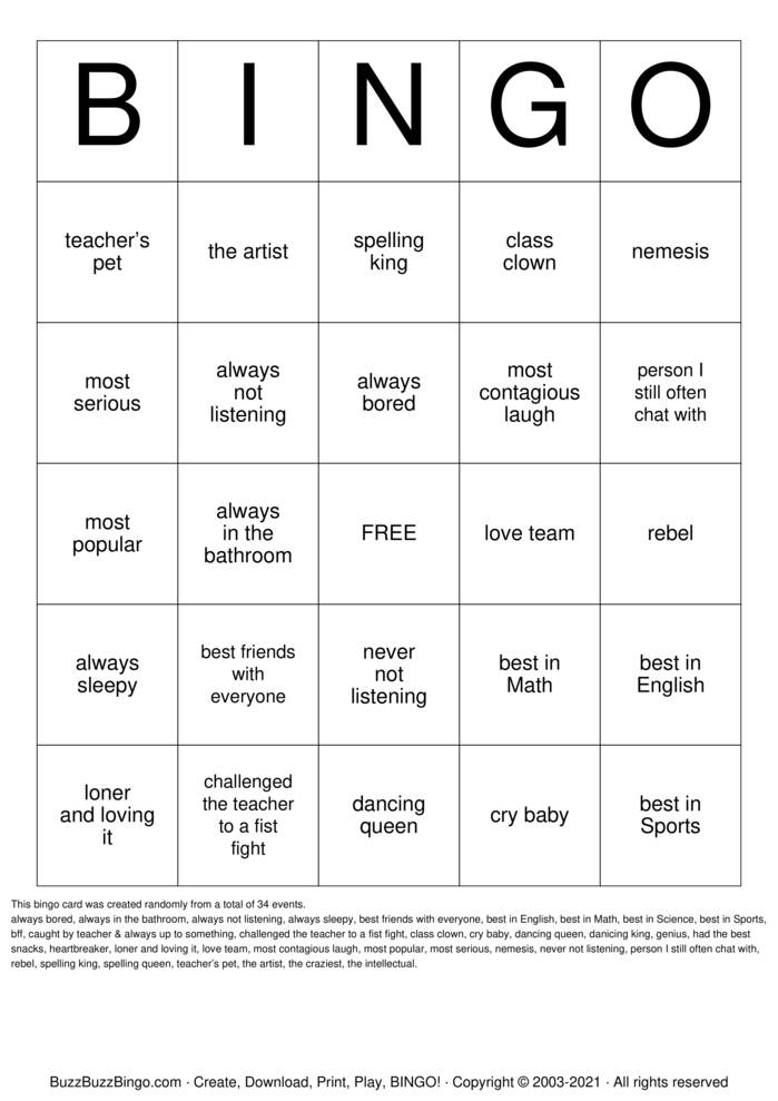 50th Class Reunion Bingo Cards to Download, Print and Customize!