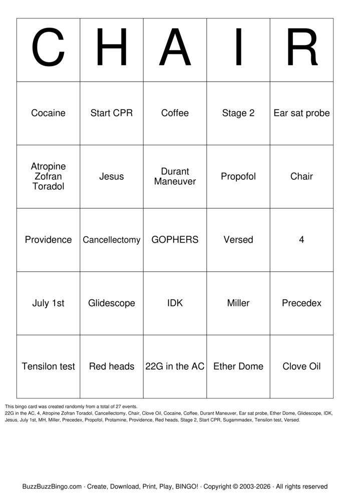 Download Free Anesthesia  Bingo Cards