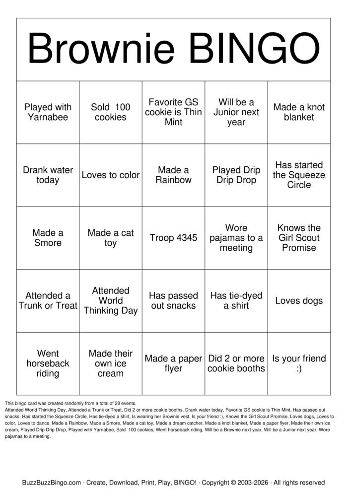 Download Free Brownie Bingo Cards