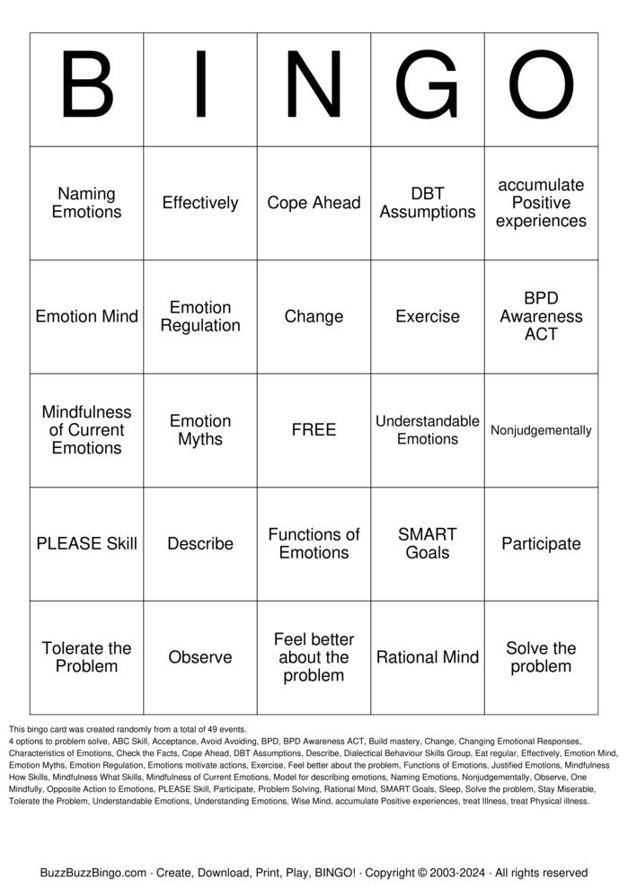 Download Free DBT EMOTION REGULATION BINGO Bingo Cards