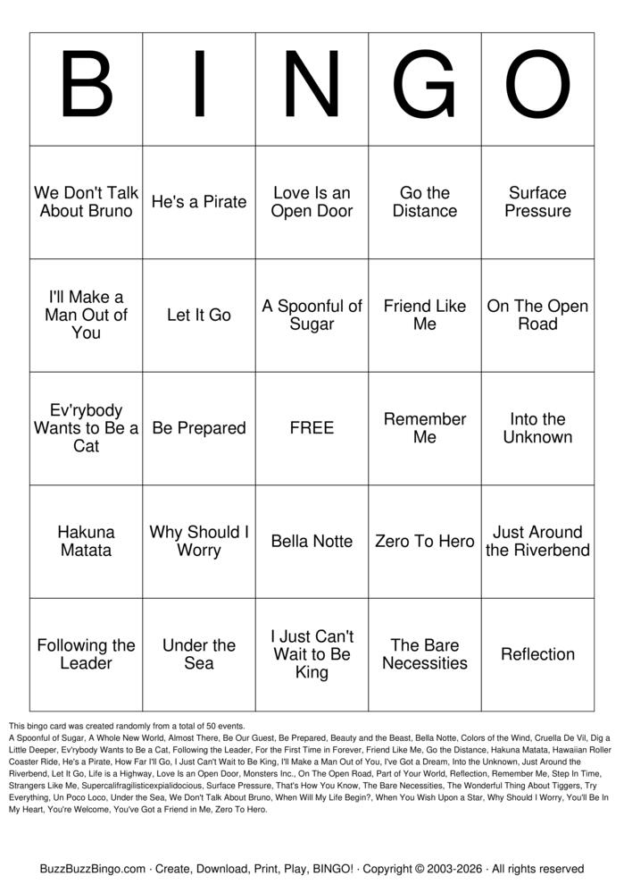 Download Free Disney Music Titles Bingo Cards