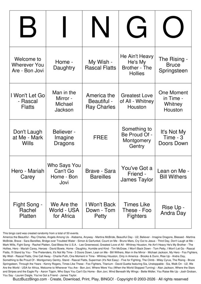 Download Free First Responder Tribute Top 50 Bingo Cards
