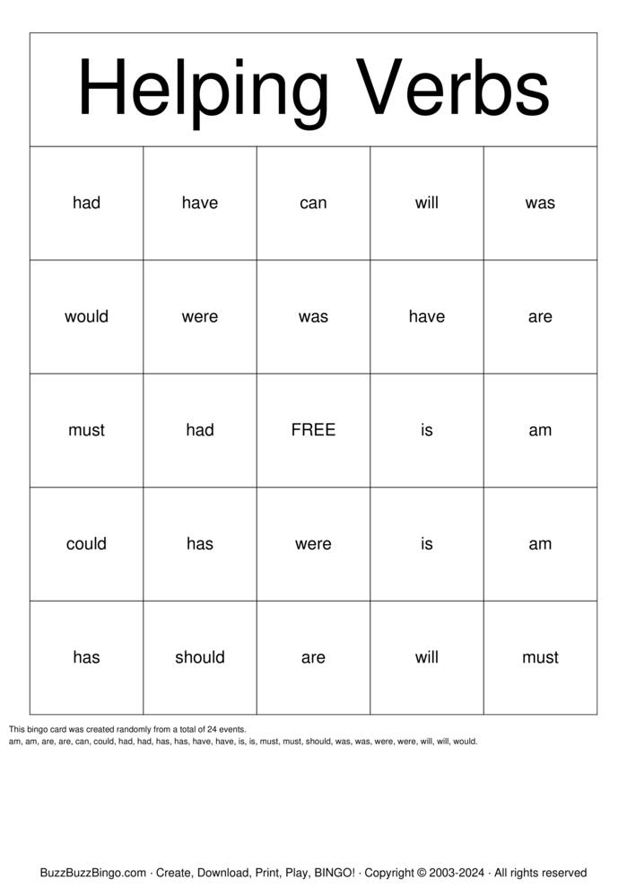 Download Free Helping Verb Bingo Cards
