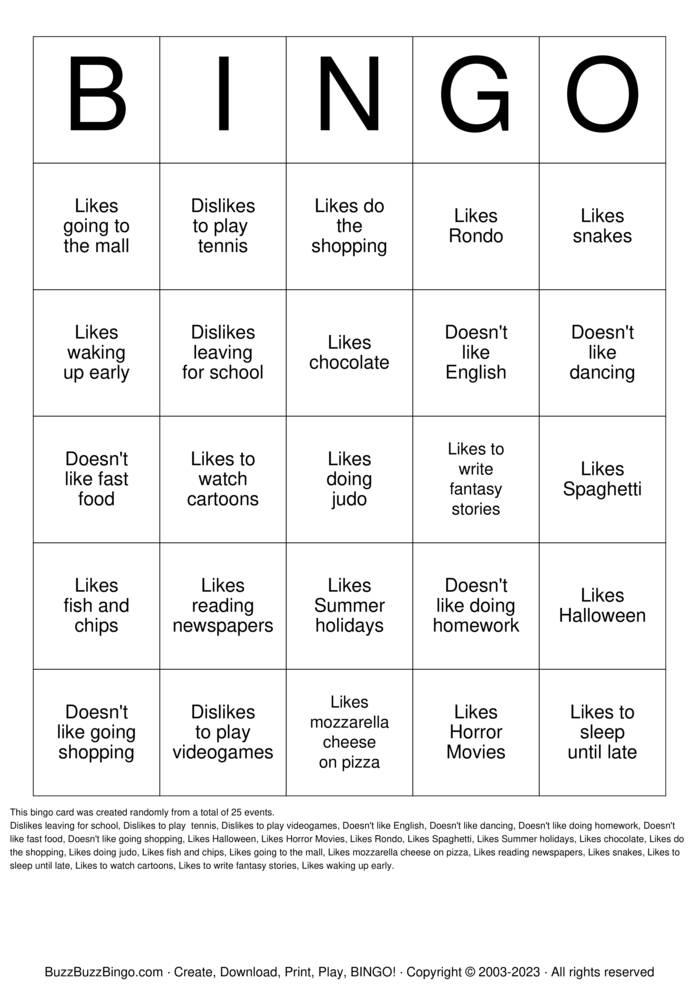 Likes / Dislikes Bingo Cards to Download, Print and Customize!