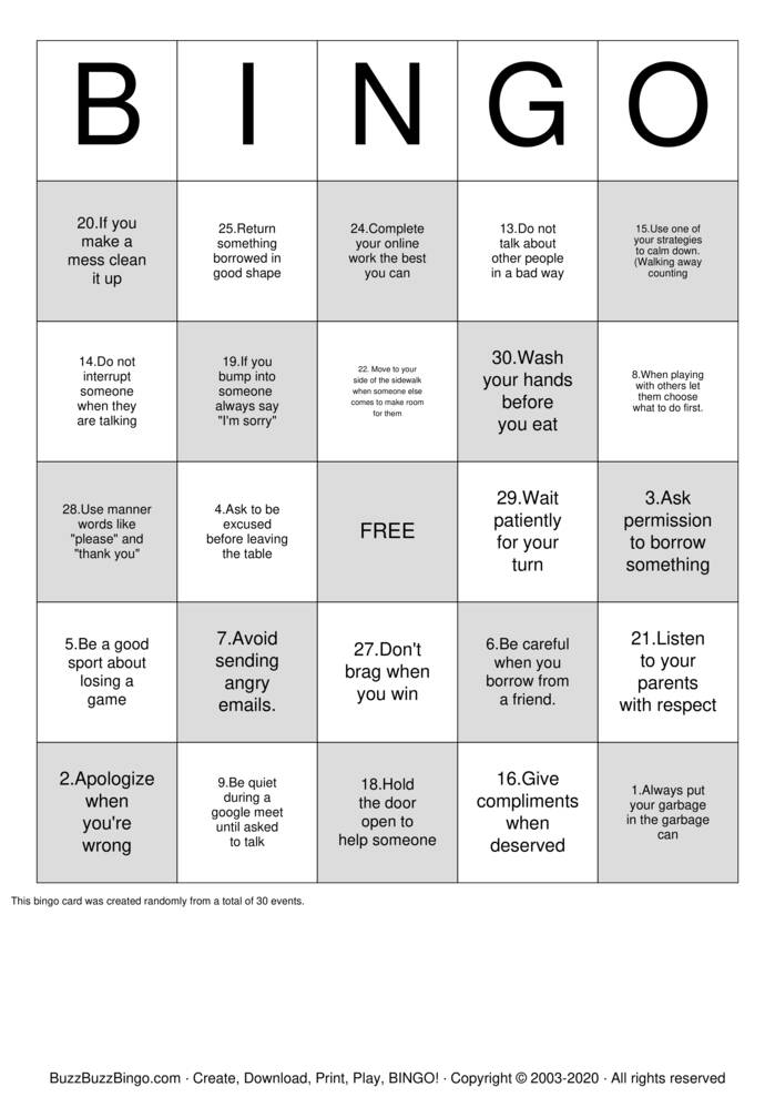 Manners Bingo Cards to Download, Print and Customize!