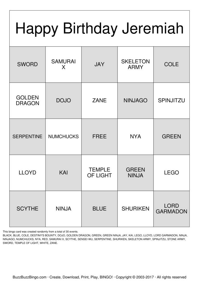 NINJA Bingo Cards to Download, Print and Customize!