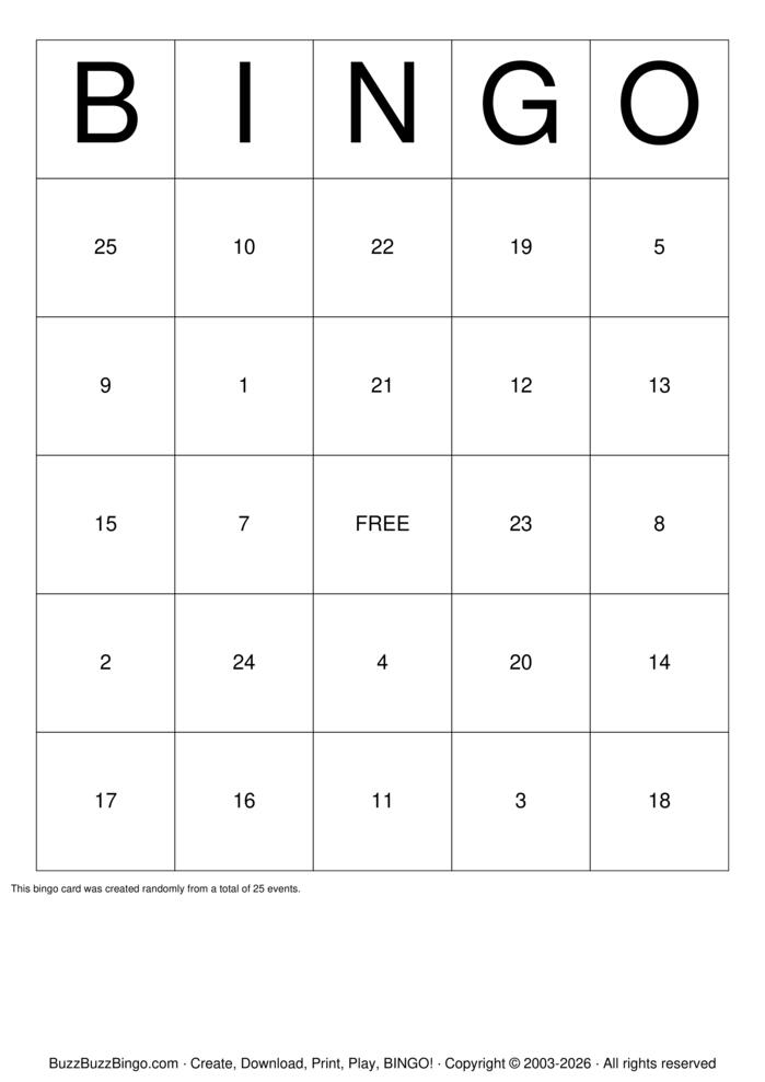 Download Free Numbers 1-25 No Free Space Bingo Cards
