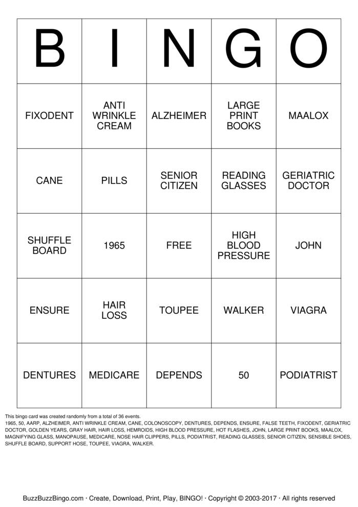 OVER THE HILL Bingo Cards to Download, Print and Customize!