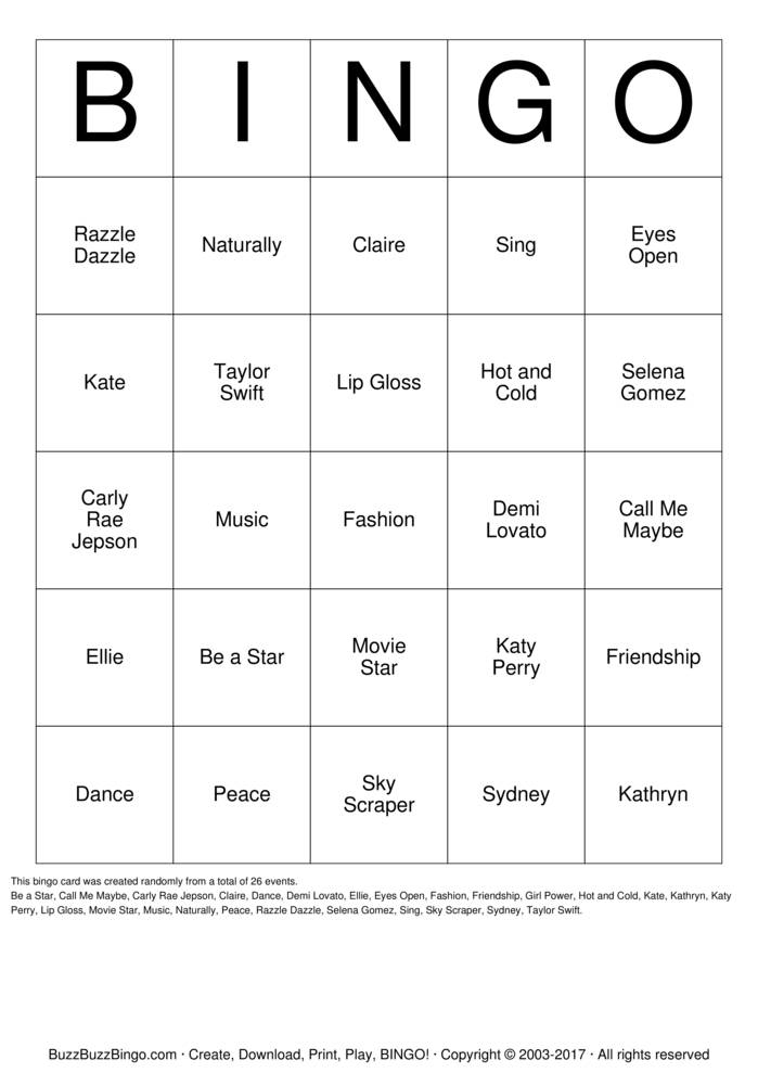 Download Free Pop Star Bingo Bingo Cards