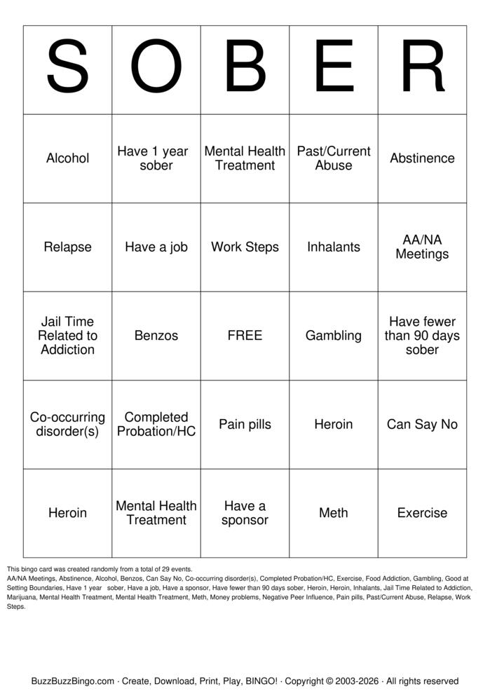 Download Free Recovery Bingo Cards