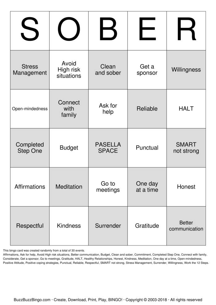 Download Free Recovery Bingo Cards Download Free Recovery Bingo Cards
