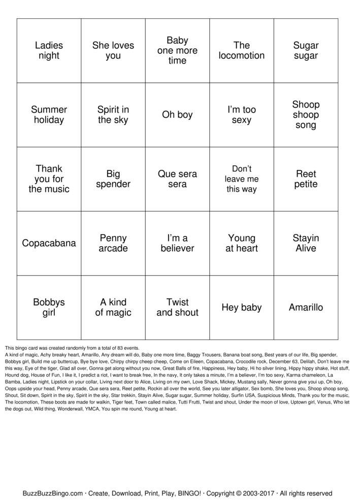 Download Free Rock 'N' Roll Bingo Cards