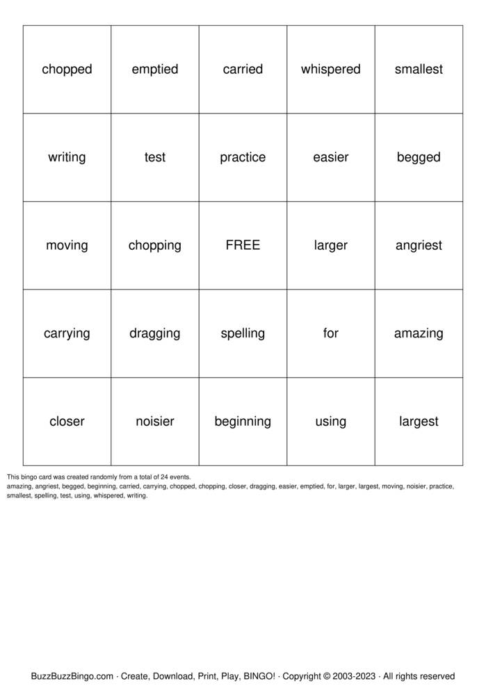 Download Free Spelling Bingo Bingo Cards