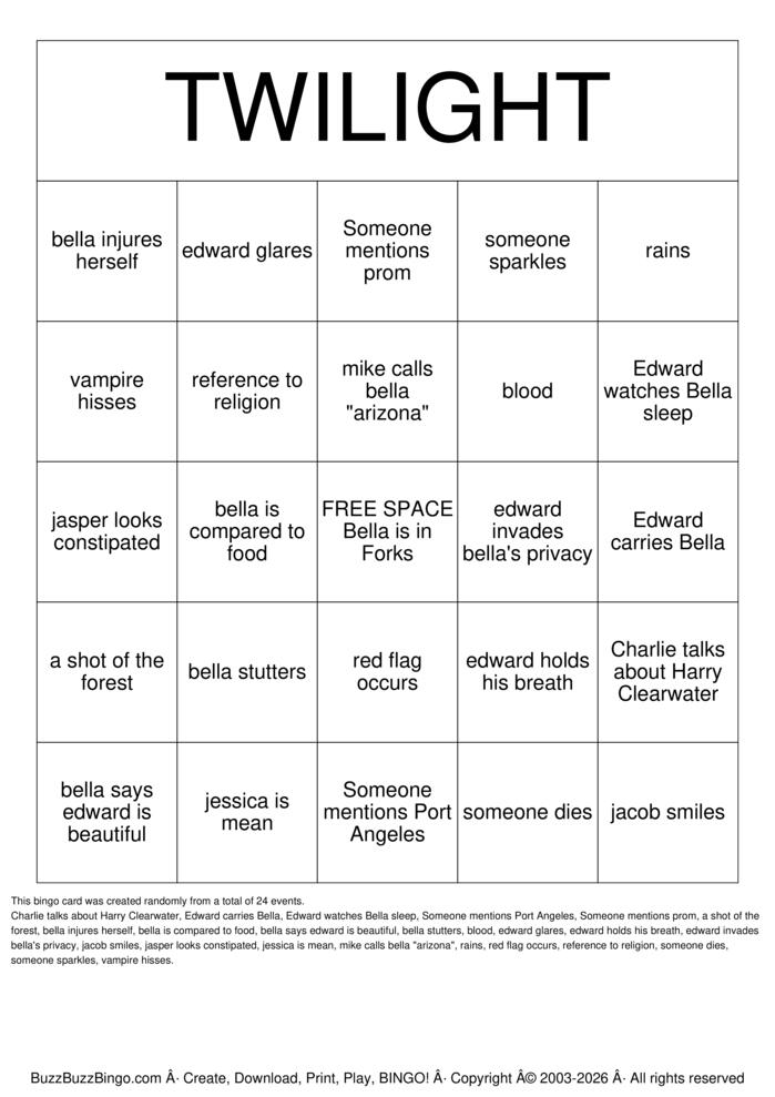 Download Free TWILIGHT BINGO Bingo Cards