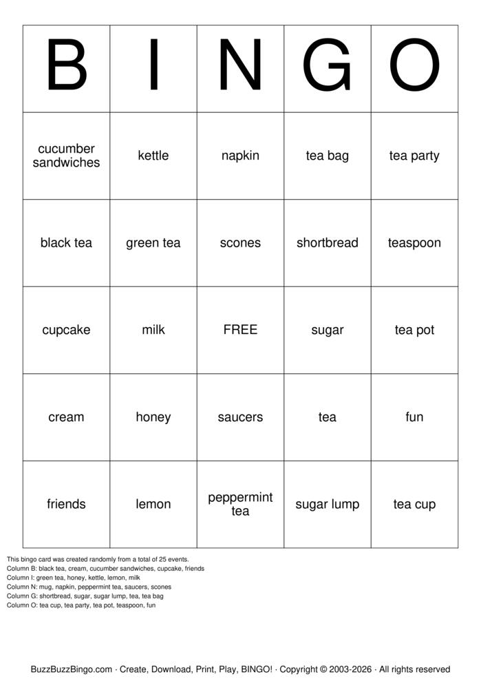 Download Free Tea Party Bingo Cards Download Free Tea Party Bingo Cards