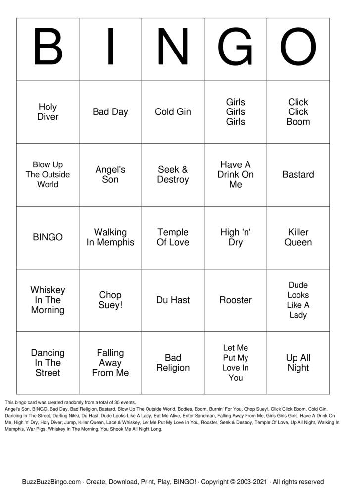 classic rock Bingo Cards to Download, Print and Customize!