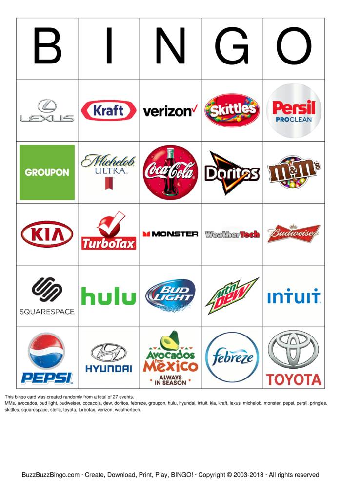 2018 Superbowl Commercial Logos Bingo Cards to Download, Print and ...