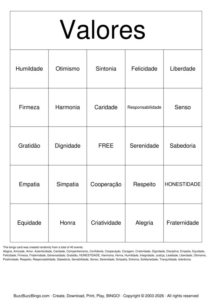 Download Free Bingo dos Valores Bingo Cards