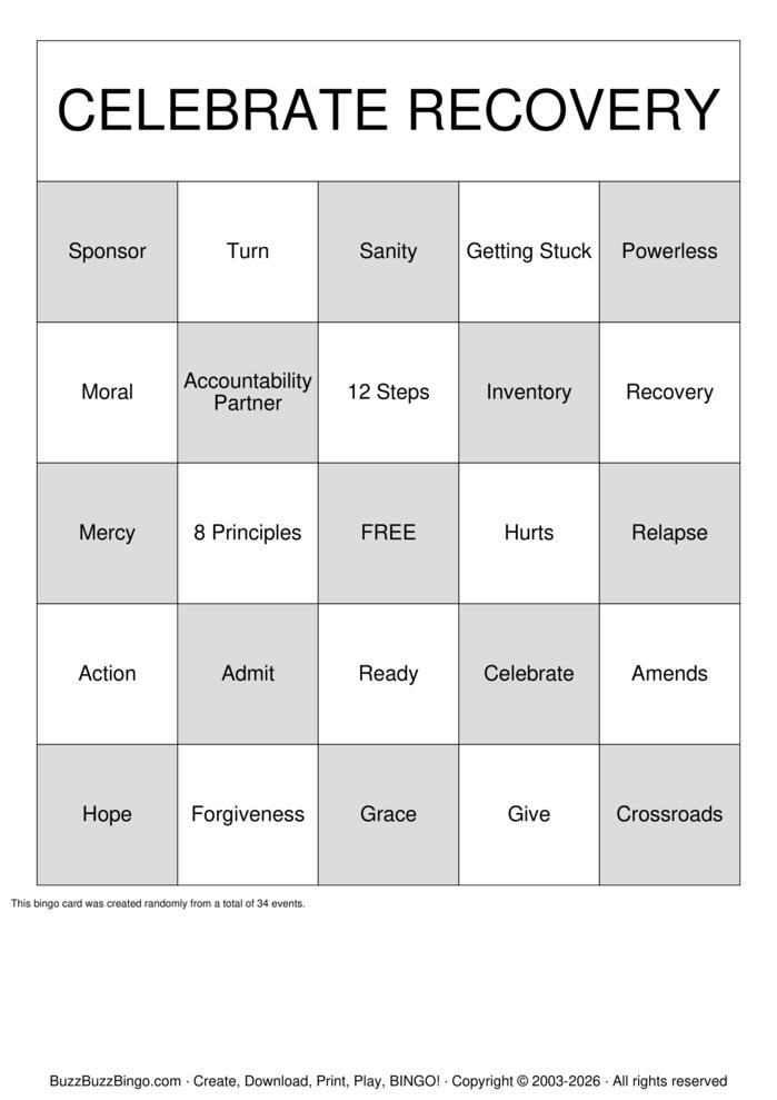 Download Free Celebrate Recovery Bingo Cards