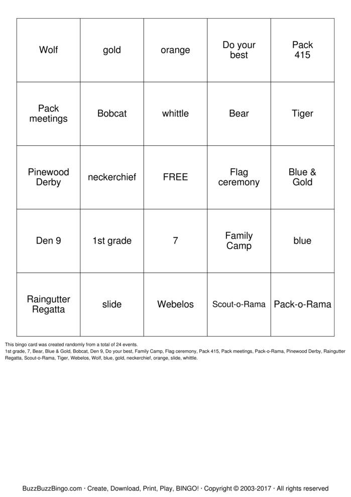 Download Free Cub Scouts Bingo Cards