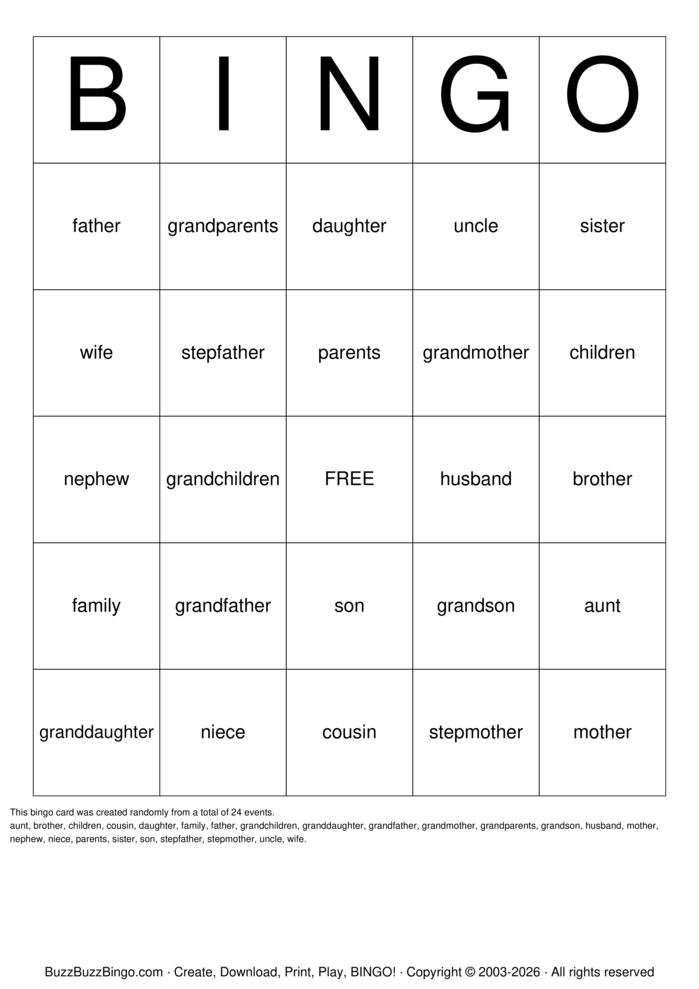 Download Free Family Bingo Cards