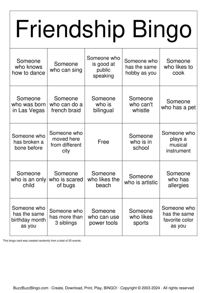 Download Free Friendship Bingo Bingo Cards Download Free Friendship Bingo Bingo Cards