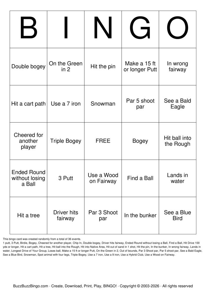 Download Free Golf Bingo Cards