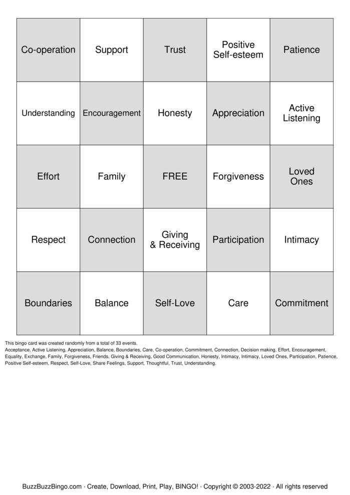 Healthy Relationships Bingo Cards to Download, Print and Customize!