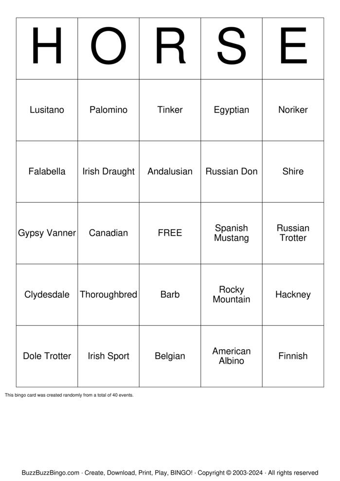 Horse Bingo Cards to Download, Print and Customize!